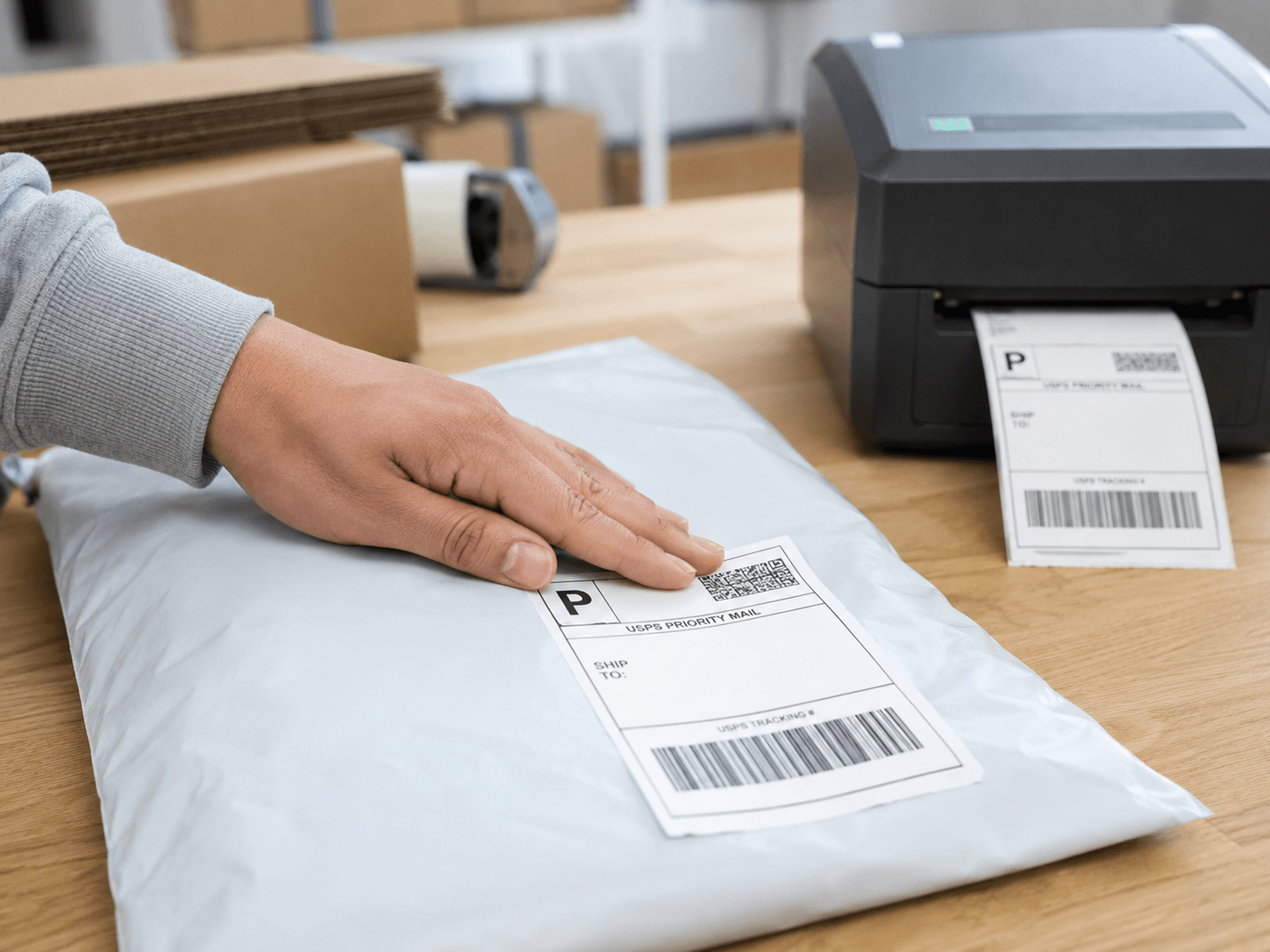 Image of person pressing label onto a mailer envelope