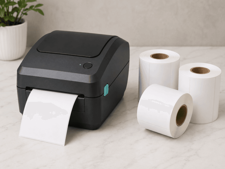 A label printer with some rolls of thermal printer labels