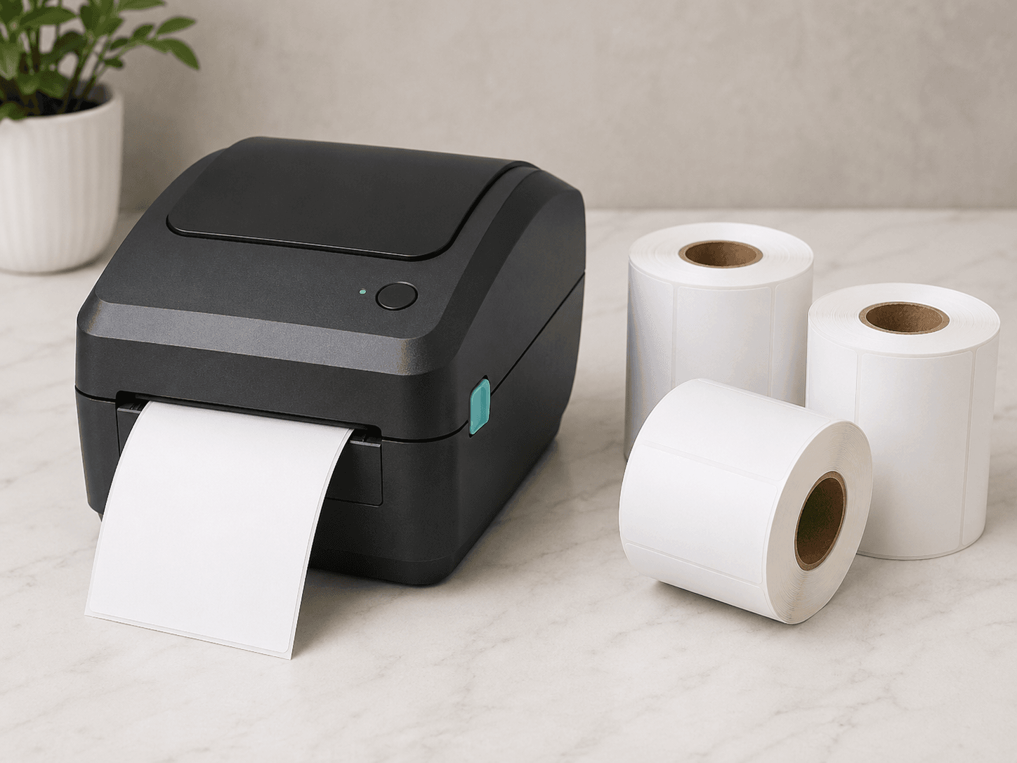 A label printer with some rolls of thermal printer labels
