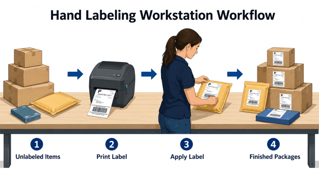 image of workflow pattern for a hand apply desktop label printer workstation