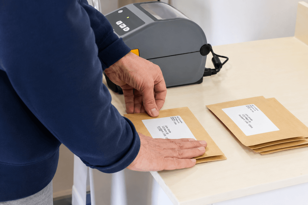 Person hand applying address labels from desktop printer. Labels being applied to envelopes.