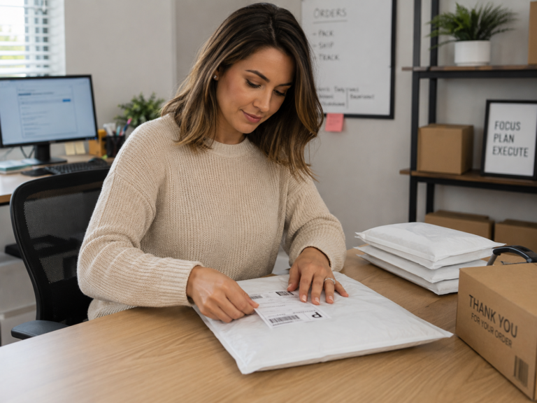 image of woman hand applying shipping label to mailer