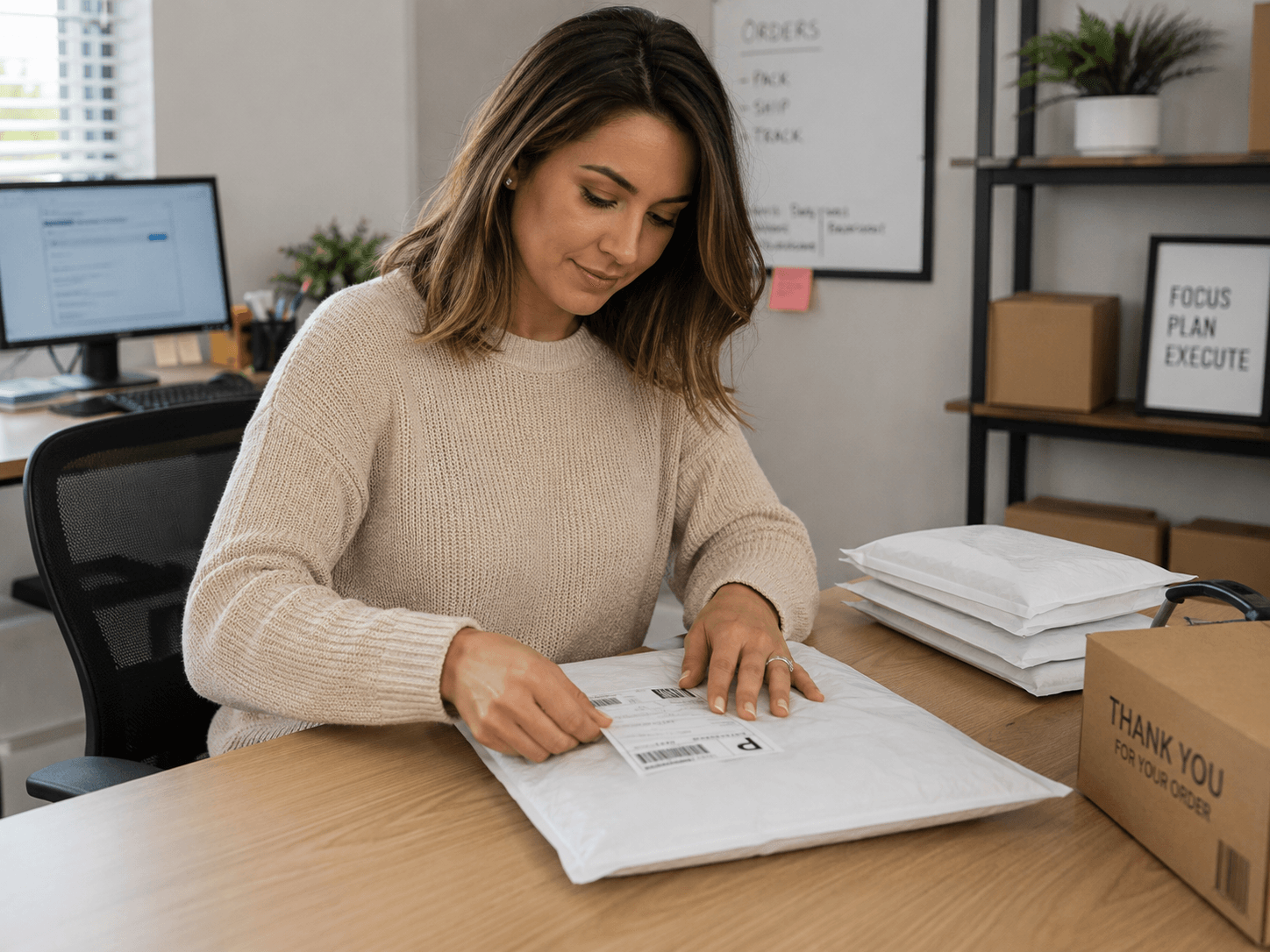 image of woman hand applying shipping label to mailer