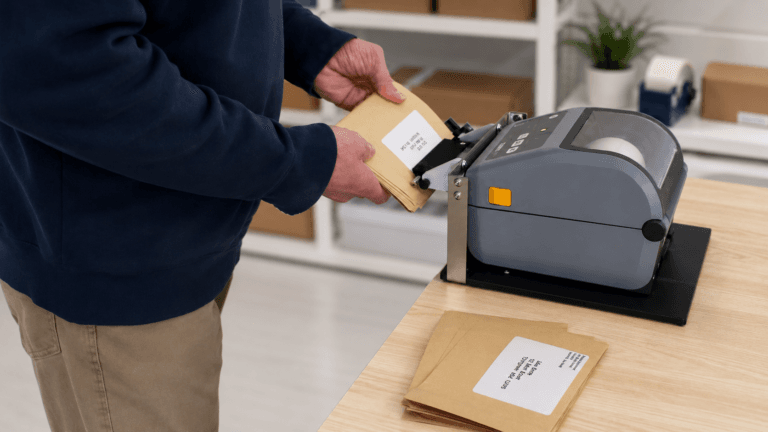 image of person applying mailing label with PrinterZip Z10 label printer applicator