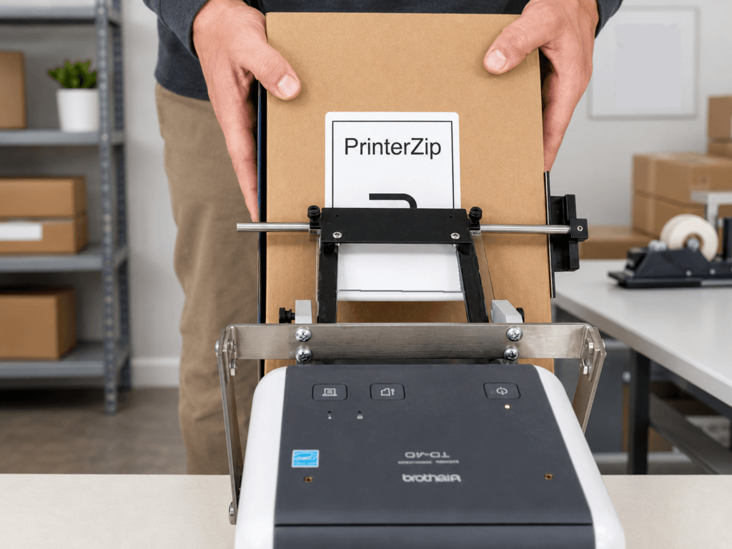 Image of PrinterZip Z10 label printer applicator applying label to a box