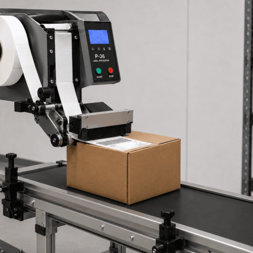 Image of an automatic label applicator machine with a feed conveyor