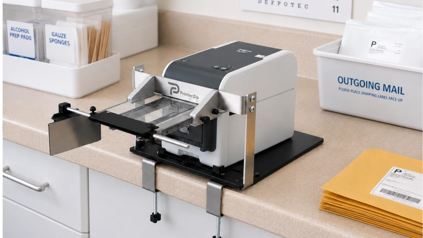PrinterZip Z10 with a desktop label printer set up on a counter in a health clinic