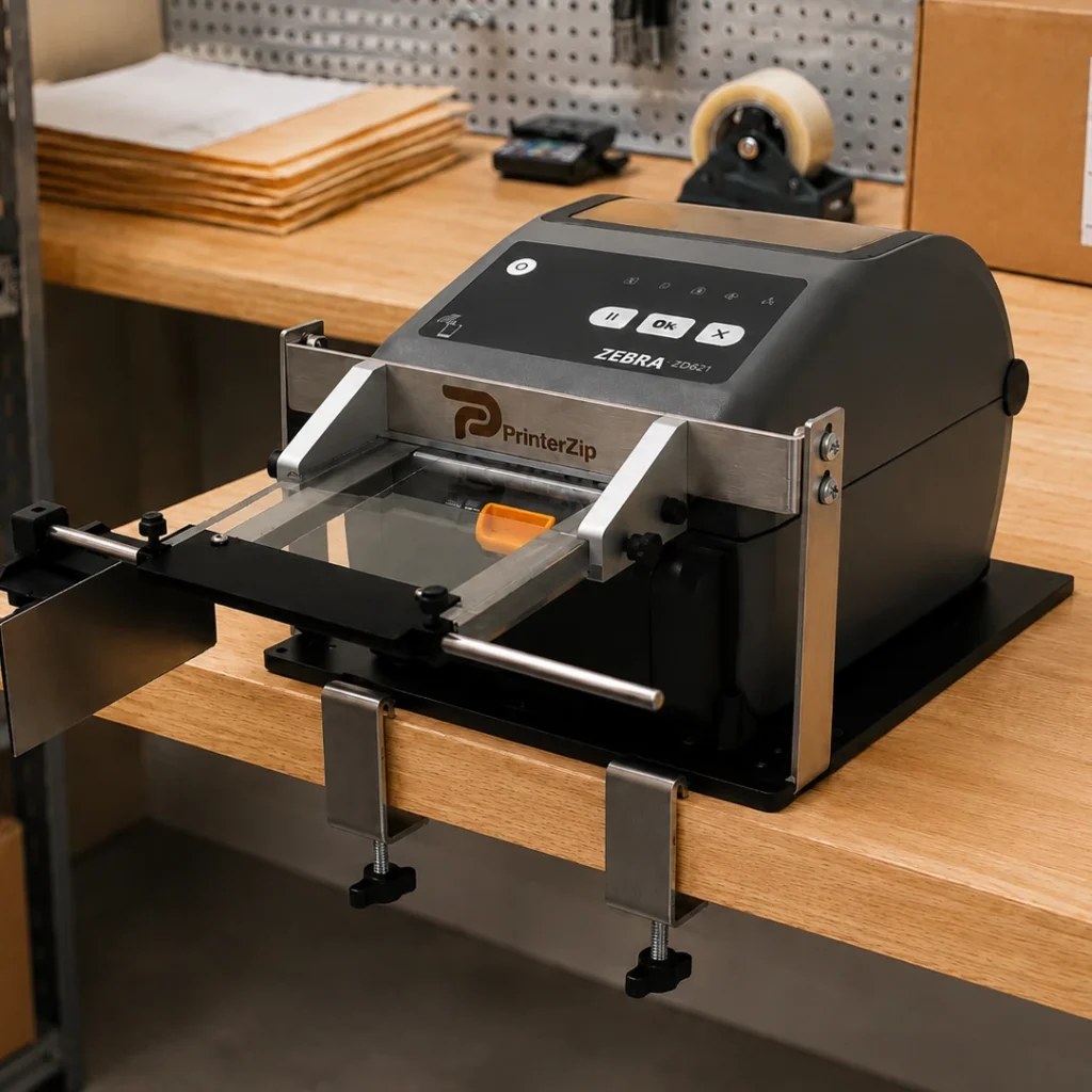 image of PrinterZip Z10 Desktop Printer Label Applicator with Zebra desktop printer