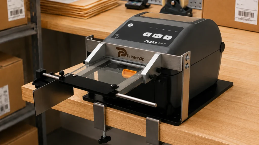 PrinterZip Z10 label applicator with Zebra ZD621 desktop printer