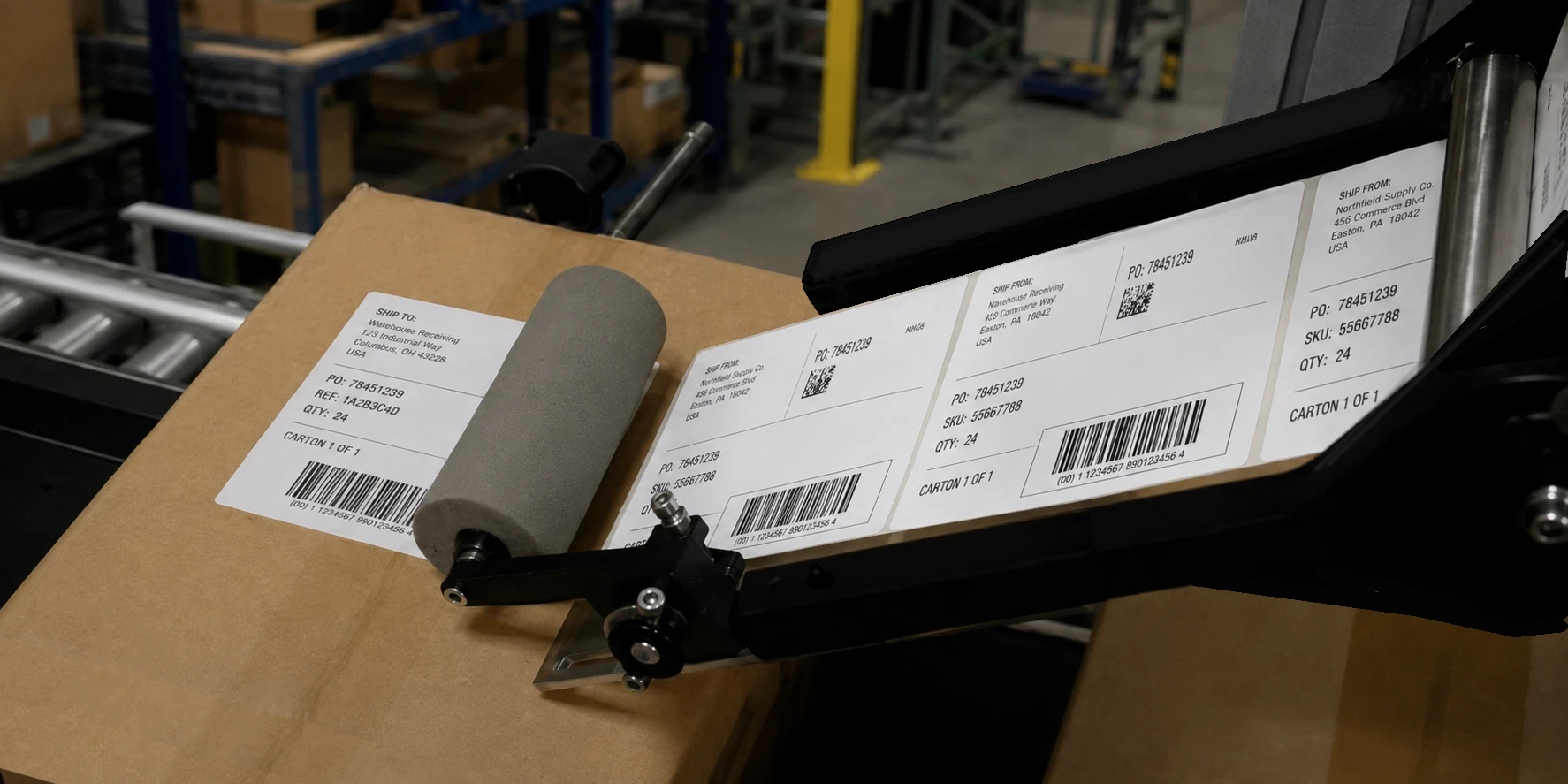 industrial setting with label applicator applying label to carton