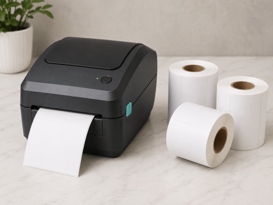 A label printer with some rolls of thermal printer labels