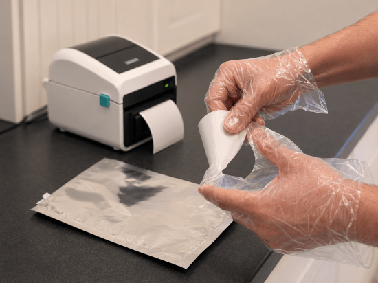 Image of person wearing gloves applying label that is sticking to the gloves.
