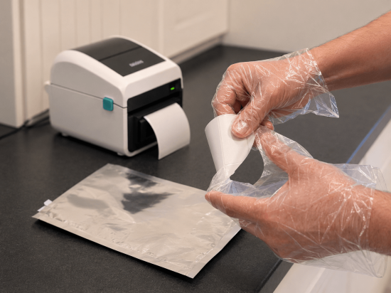 Image of person wearing gloves applying label that is sticking to the gloves.